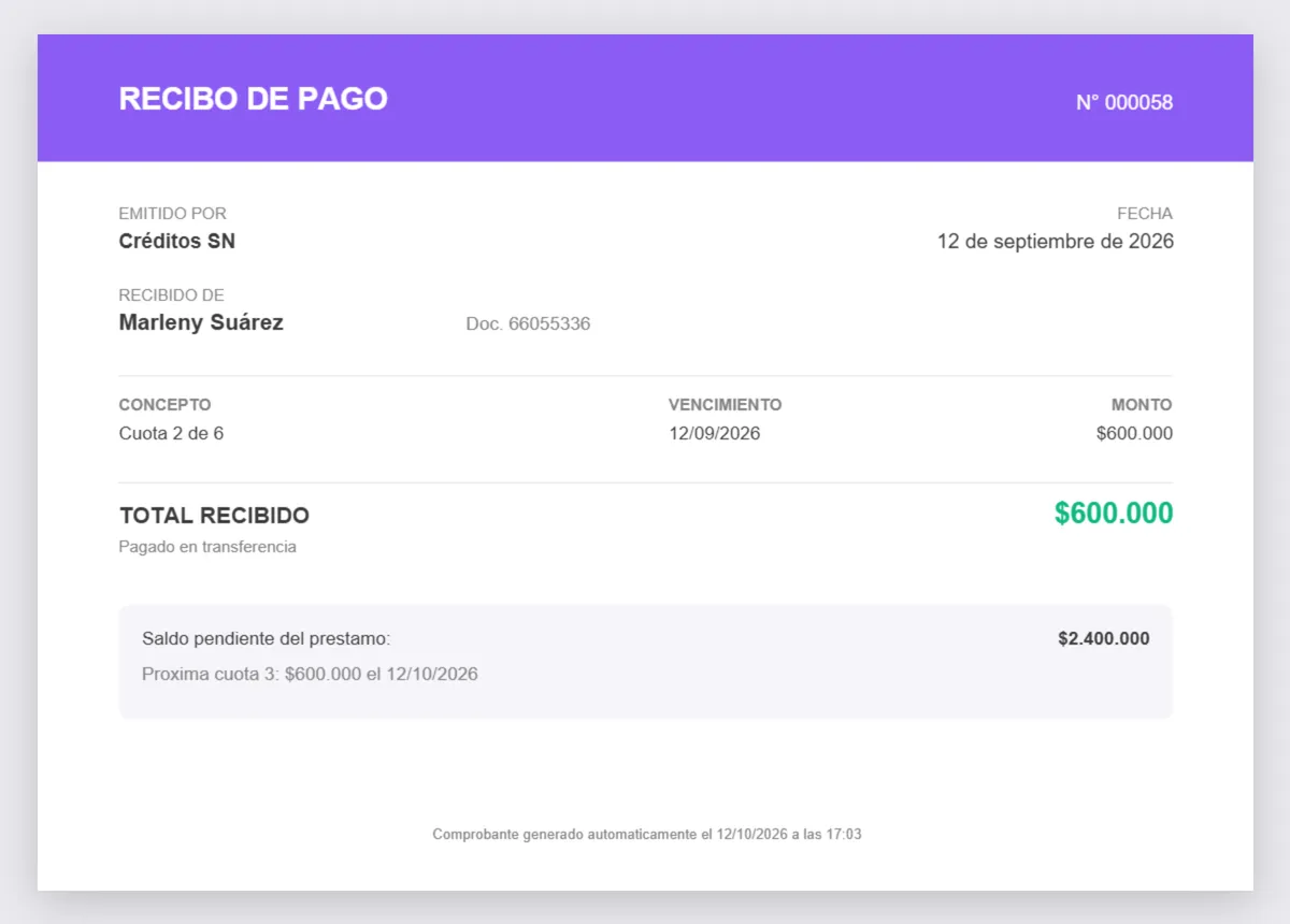 Recibo de pago en PDF generado por CoPres, numerado, con el saldo pendiente y la próxima cuota