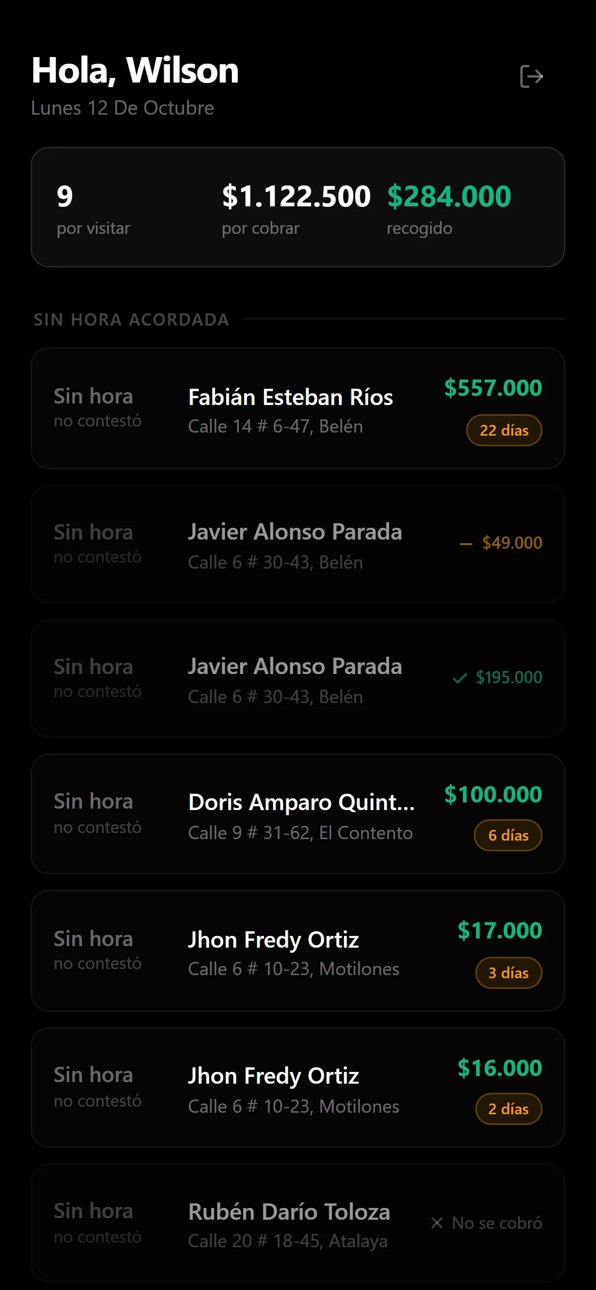 Ruta del día de un cobrador en el móvil: clientes por visitar, lo cobrado, lo parcial y lo no cobrado